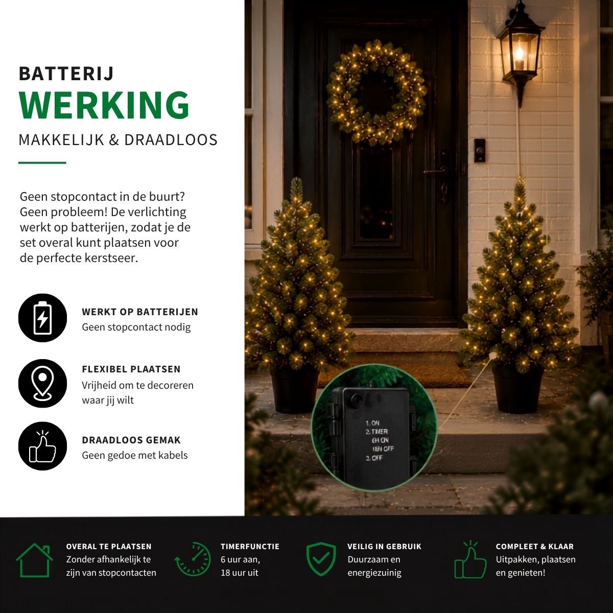 Black Box Trees Nagoya Kerstboom en Kerstkrans Set - 2 Kunstkerstbomen en 1 Krans met LED Verlichting - H90 x Ø45 cm - Groen – foto 5