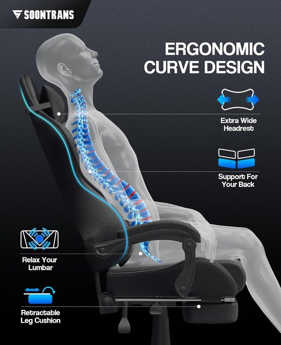 Gaming Stoel - Ergonomische Stoel - Comfortabel Zitten - Met Massagefunctie - Tot 135 kg - Zwart — afbeelding 5