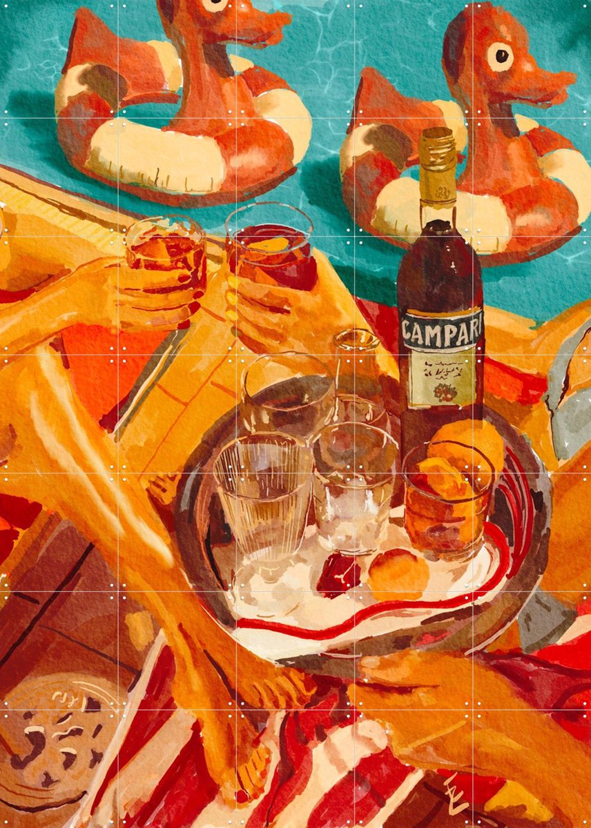 IXXI Campari Pool, Ekaterina Zagorska - 100 x 140 cm - Gratis ophangtool - Grote wanddecoratie en posters - Kleurrijk, Speels, Vintage, Kwaststreken