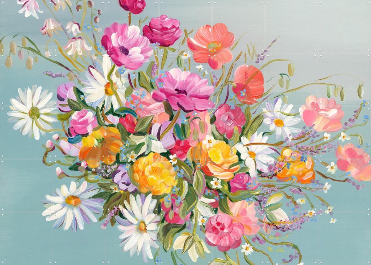 IXXI Blooms On Blue, Libby Chambers - 140 x 100 cm - Gratis ophangtool - Grote wanddecoratie en posters - Abstract, Modern, Speels, Kleurrijk