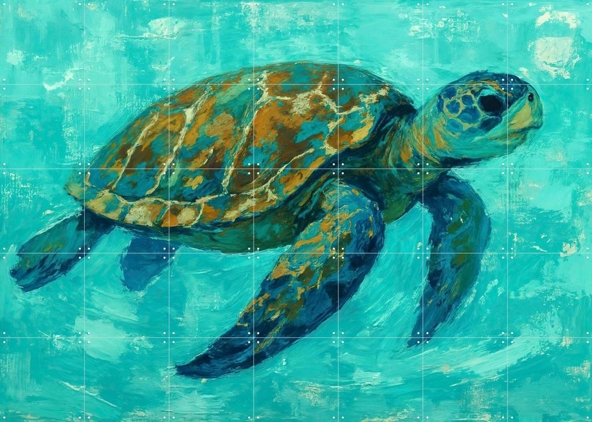 IXXI Zeeschildpad Zwemt in Tropisch Water, Natalie Bruns - 140 x 100 cm - Gratis ophangtool - Grote wanddecoratie en posters - Aquarel, Kwaststreken