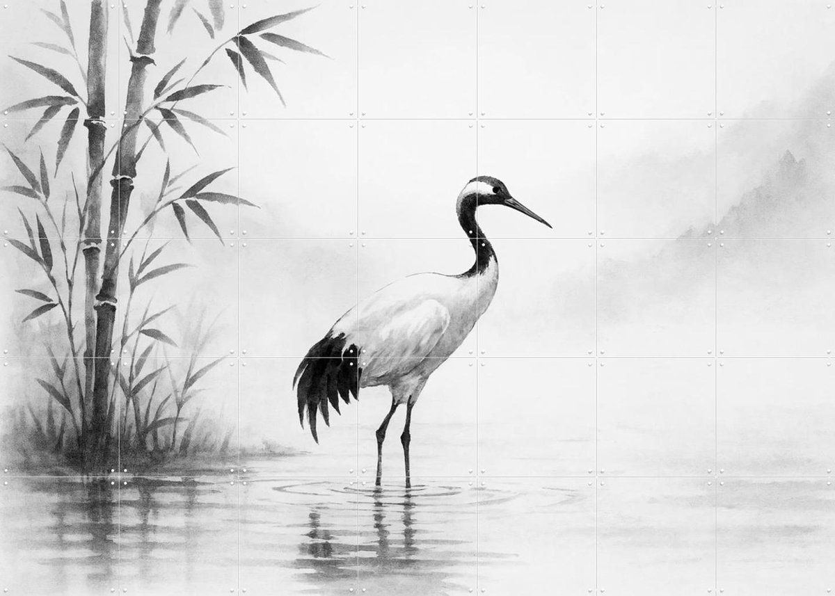 IXXI Kraanvogel in de Ochtendmist, Natalie Bruns - 140 x 100 cm - Gratis ophangtool - Grote wanddecoratie en posters - Tekeningen, Minimalisme