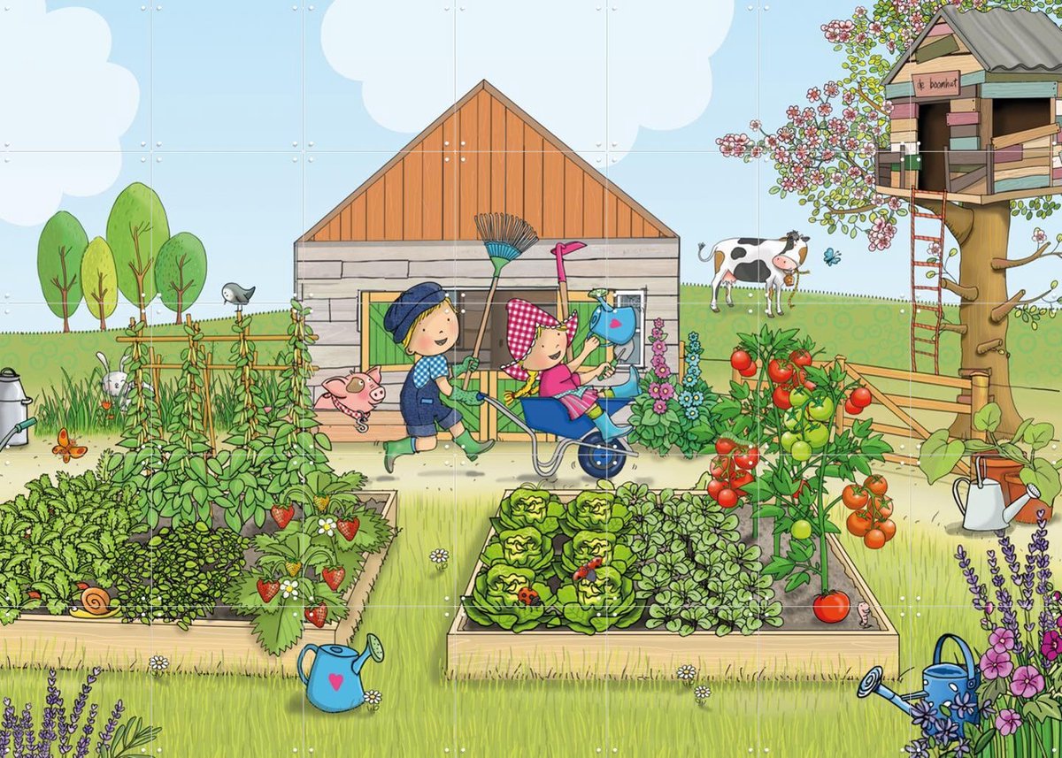 IXXI Fien & Teun in hun moestuin, Fien & Teun & Van Hoorne Studios - 140 x 100 cm - Gratis ophangtool - Grote wanddecoratie en posters - Speels