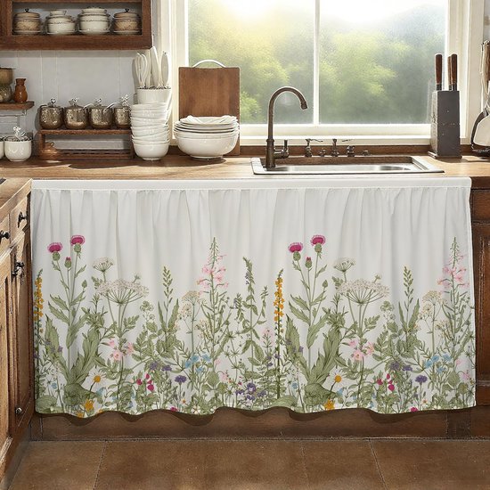 Wit gordijn met veldbloemen in groen, roze, paars en geel, hangend voor een aanrecht.
