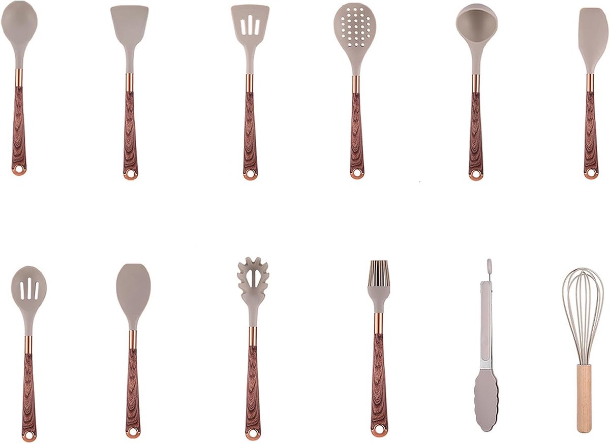 Keukengerei Set, 12 stuks Kookgerei Set Siliconen Spatel Set Keukengadgets en Gereedschappen met Opbergdoos Houten Handvat Siliconen Keukengerei