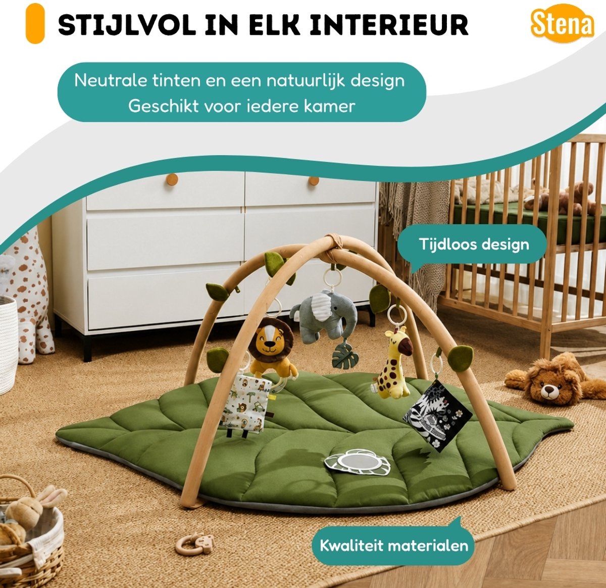 Stena Babygym - Speelkleed Baby met Boog - Jungle+ - 8 Speeltjes - Speelmat - Trendy Design - 0 tot 18 Maanden — afbeelding 5