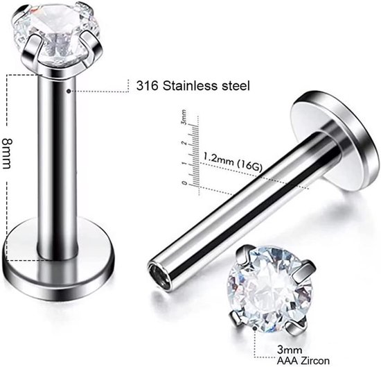lip chirurgisch staal tragus helix kraakbeen oor piercing zilver 4 stuks — afbeelding 4