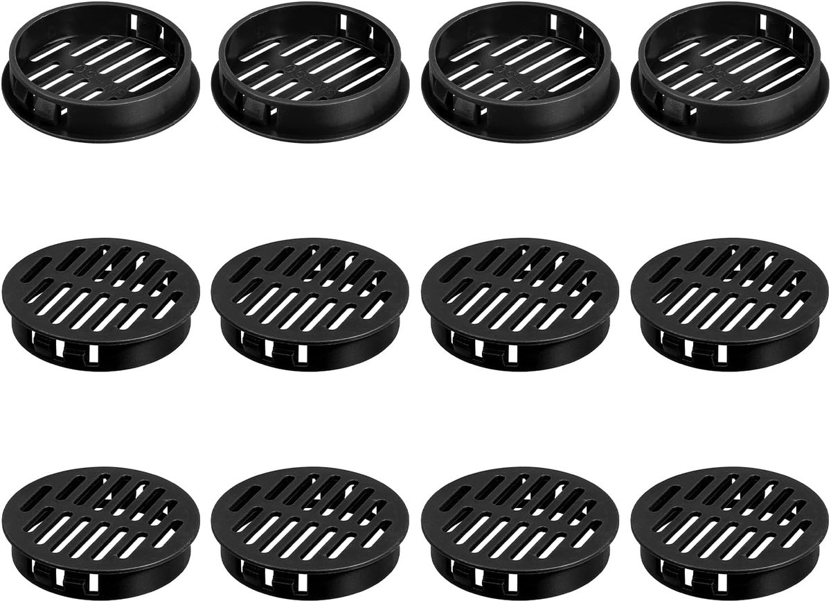 12 stuks 50 mm ronde soffit-ventilatieroosters, kunststof fluwelen ventilatieafdekking, ronde mesh-gat-luchtschuiver voor badkamer, keukenkast, kledingkast, zwart