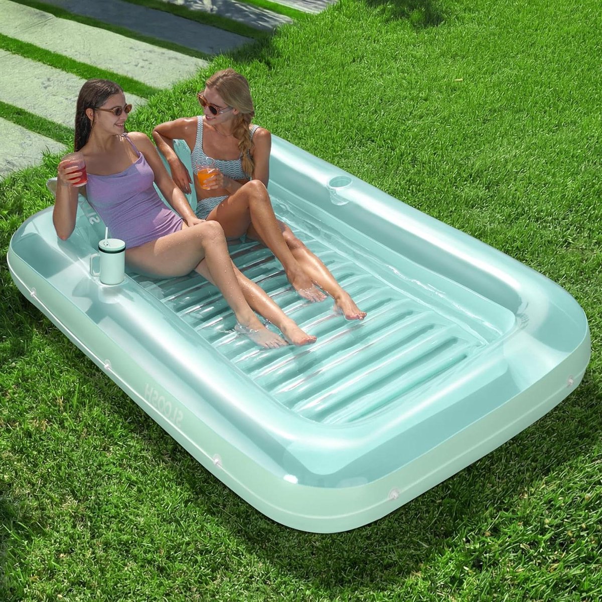 Opblaasbaar Zonnebed - Luchtbed Loungebed - Ontspannen in Water - Met Bekerhouders - 212 x 142 cm - Groen