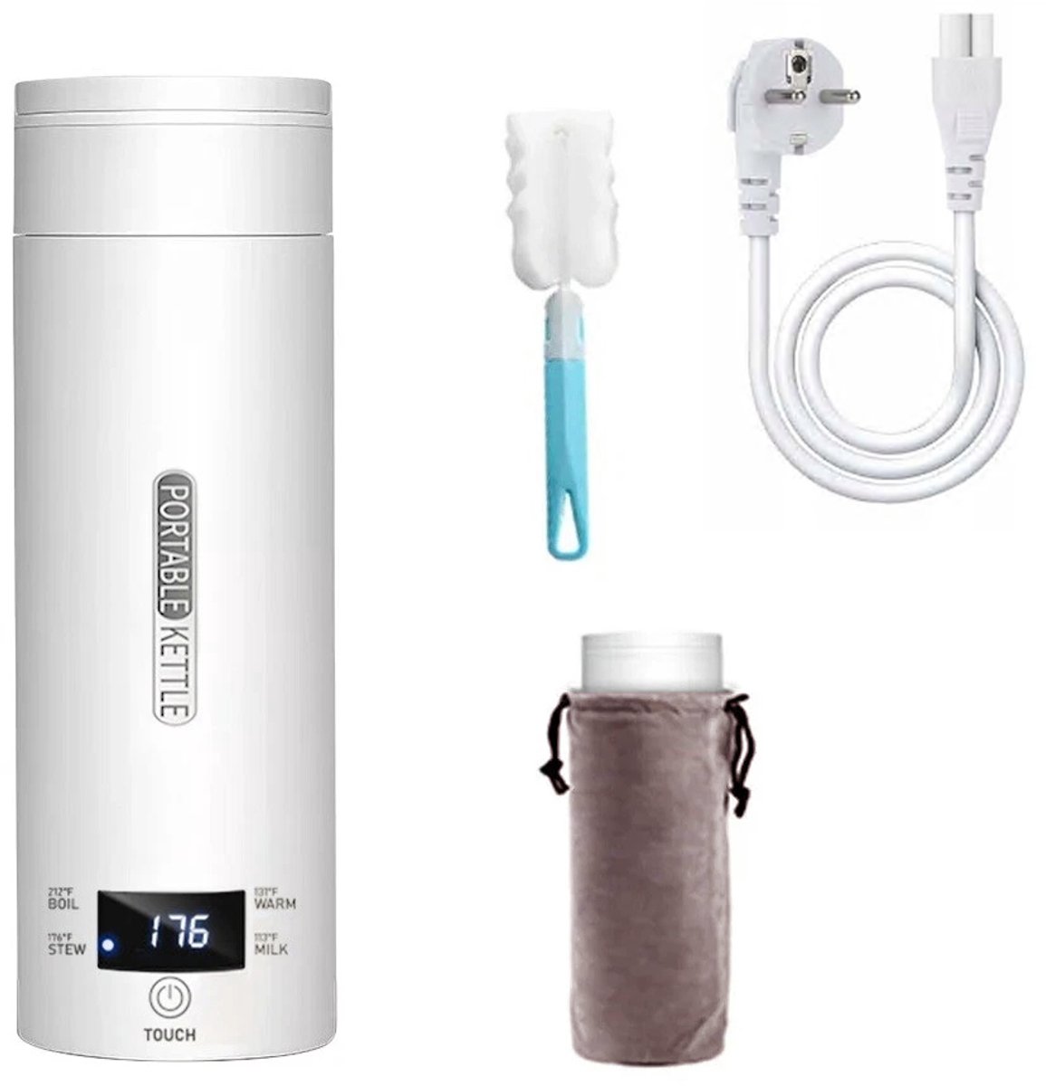 Mini-waterkoker - 220V - 450ml - Met thermometer en warmhoudfunctie - Draagbare thermoskan - Slimme waterverwarmer - Reiswaterkoker - Geschikt voor kamperen, hotels en senioren - 22*7,7*7,7cm - Roestvrij staal - Wit