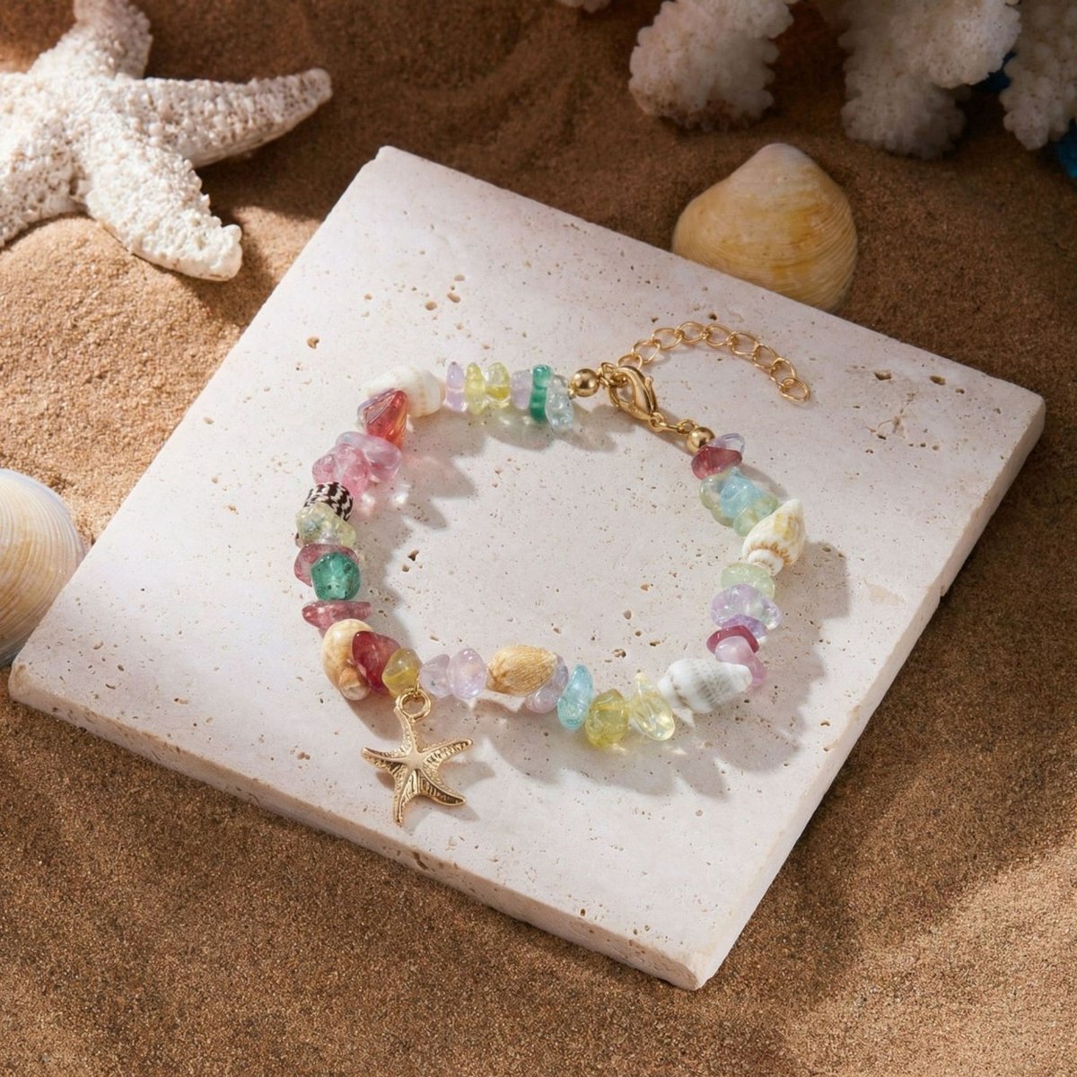 Damesarmband – 18+5 cm– Ketting met zeester en schelp (imitatie) – Armband van trommelsteentjes in strandstijl – Kralenketting met oceaanthema – Kralensieraden voor dames – Kralenketting voor feestjes met strandvibe – Geschikt voor dagelijks gebruik