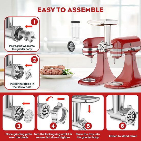 Keukenmachine Accessoires - Vleesmolen Groentesnijder - Voedsel Bereiden - Aluminium Legering - 3 Maalschijven 3 Hoorns - Zilver — afbeelding 5