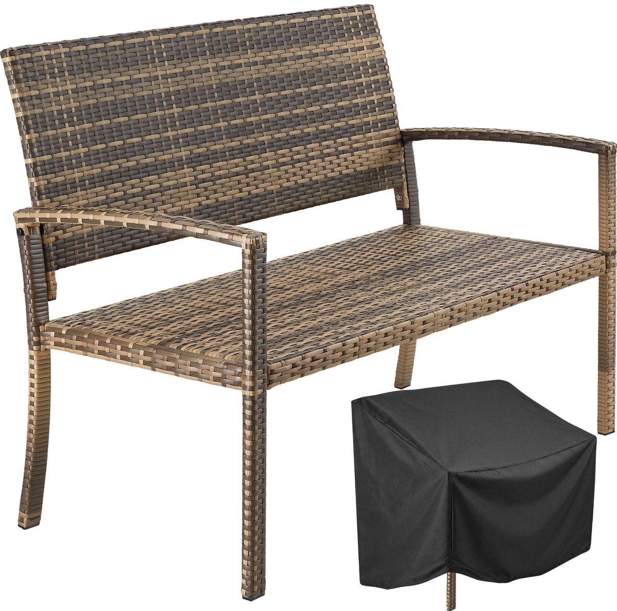 tectake® Wicker Tuinbank - 2 Personen - 125 x 62,5 x 90 cm - Draagkracht 250 kg - Inclusief Hoes - Weerbestendig en Waterdicht - 2 Zits Bank voor Tuin, Balkon en Terras - Bruin