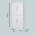 Witte metalen archiefkast van 180 cm hoog, 80,1 cm breed en 40,2 cm diep, bestaande uit twee gestapelde kasten met elk twee deuren.