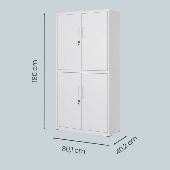Witte metalen archiefkast van 180 cm hoog, 80,1 cm breed en 40,2 cm diep, bestaande uit twee gestapelde kasten met elk twee deuren.