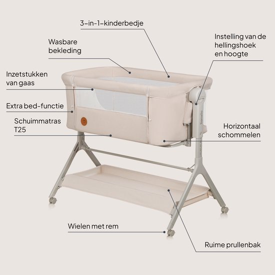 Lit cododo beige avec étiquettes soulignant le revêtement lavable, inserts en maille, matelas en mousse, fonction de balancement et réglage de la hauteur.