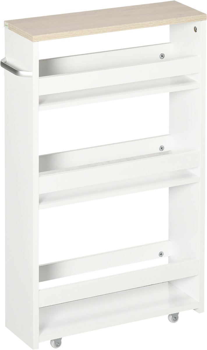 Opbergwagen met 3 niveaus, op wieltjes, voor smalle keuken, badkamer, bijkeuken, kantoor, met handvat, 48 x 15 x 80 cm, wit