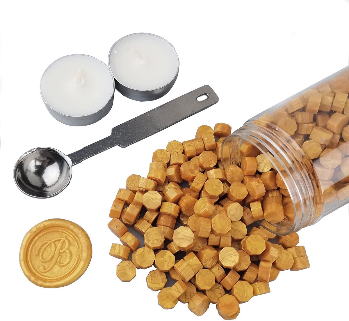 kralen, AMTOL 300 stuks wax sluitkralen met 2 stuks witte kaarsen en 1 stuks wax smeltlepel, geweldig voor bruiloft uitnodigingen, kaarten enveloppen, geschenkverpakking (goud)