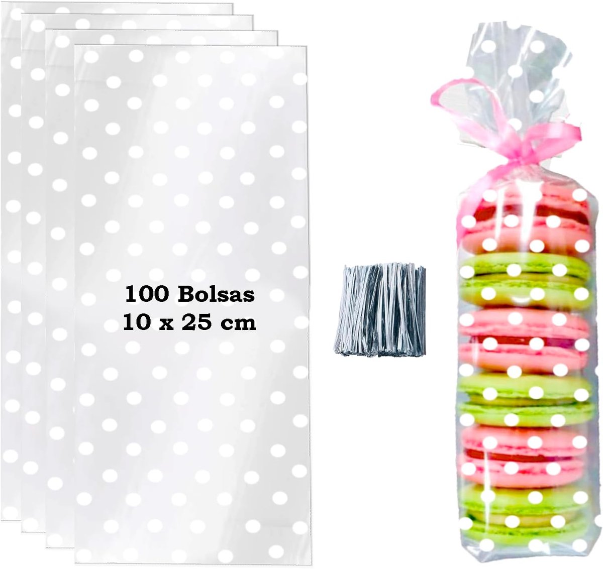 100 zakjes voor snoep, transparant, 10 x 25 cm, cellofaan met witte stippen, 100 metalen strikken (10 x 25 cm, 100 stuks)