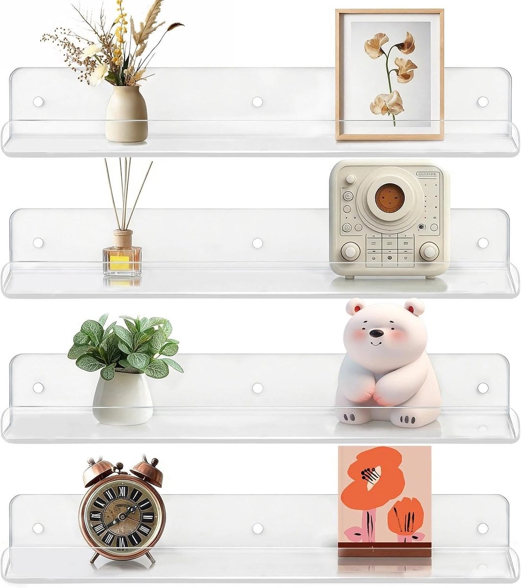 4 stuks wandplanken, zonder boren, 30 cm, zwevende planken, acryl plank, muur, kleefrek, wandplanken voor woonkamer, slaapkamer, badkamer, keuken, kantoor, werkkamer, decoratie, transparant