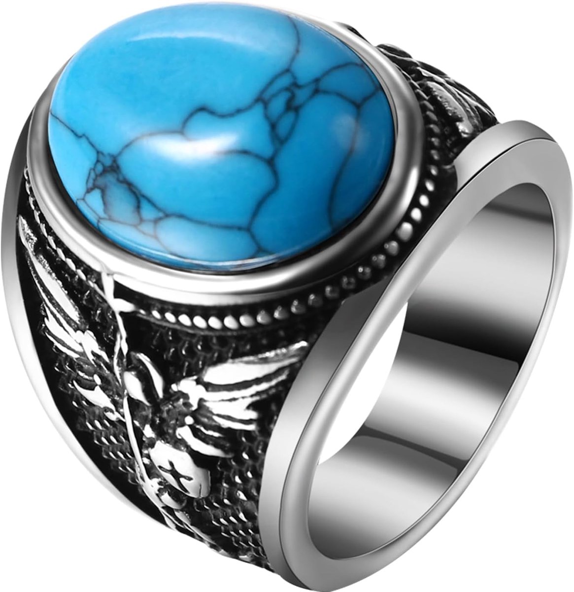 Heilige Michael ring met turkoois: roestvrij staal herenring aartsengel St. Michael ring heren zegelring met blauwe ovale turquoise retro beschermer vingerring katholiek beschermheilige
