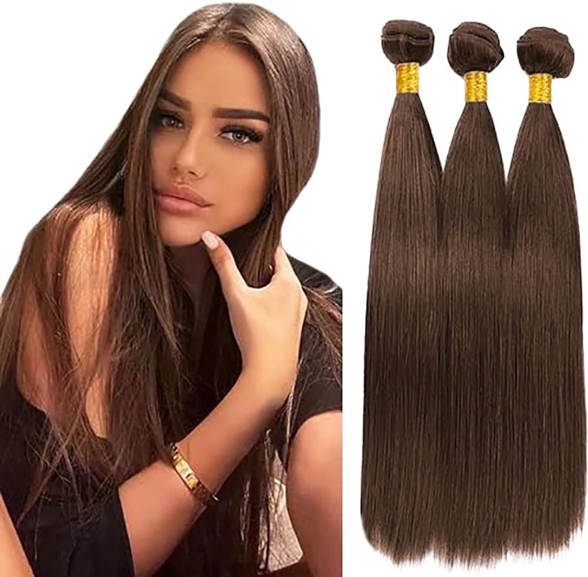 Hair Bundles Straight Extension Unprocessed Raw Weave Double Weft Sew in Machine Real Color Chocolate Brown 50g /Piece for Women 20 22 24 Inch