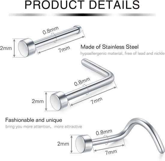 incaton Neuspiercing, roestvrij staal, voor dames en heren, neuspiercing, neusringen, stud L/schroef, neuspiercing, zilver, roségoud, zwart — afbeelding 2