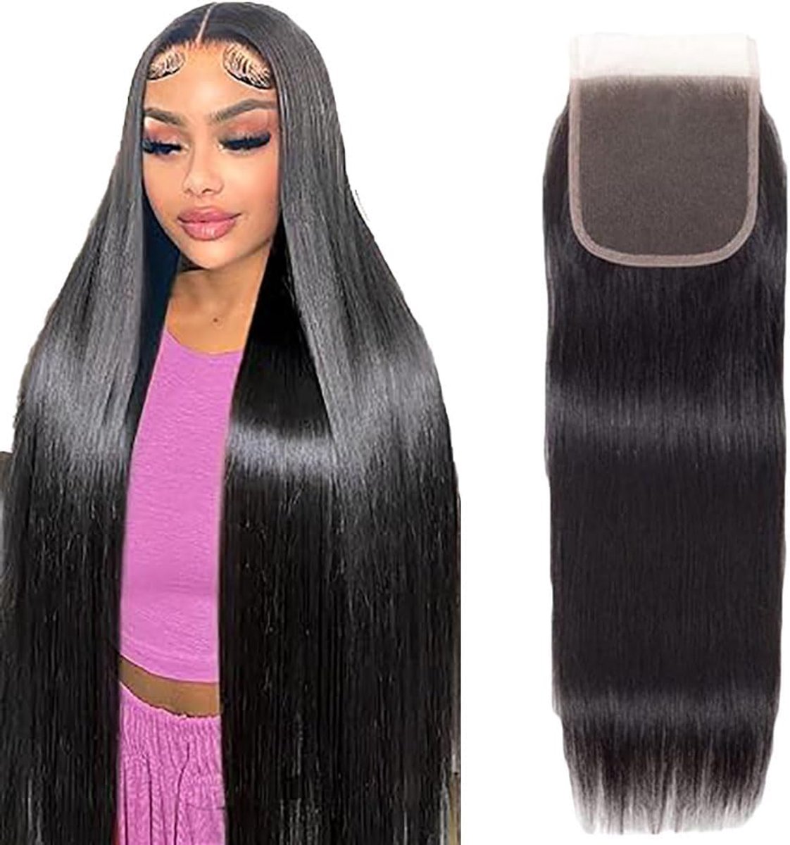 Human Hair Closure 4X4 Lace Closure Real Hair Natural Black Remy Hair Pre Bleached Knots with Baby Hair Free Part Low Shedding for Woman 28 Inch