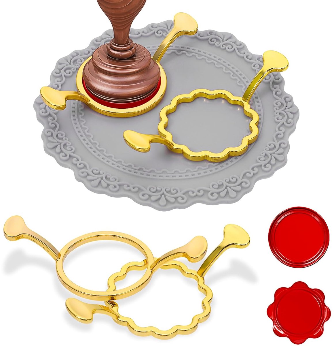 Set van 2 zegelwasblokken voor 2,5 cm waszegel, ronde/bloemvormige mallen met siliconen matje voor cadeauverpakking (rond, meerdere bloemen)