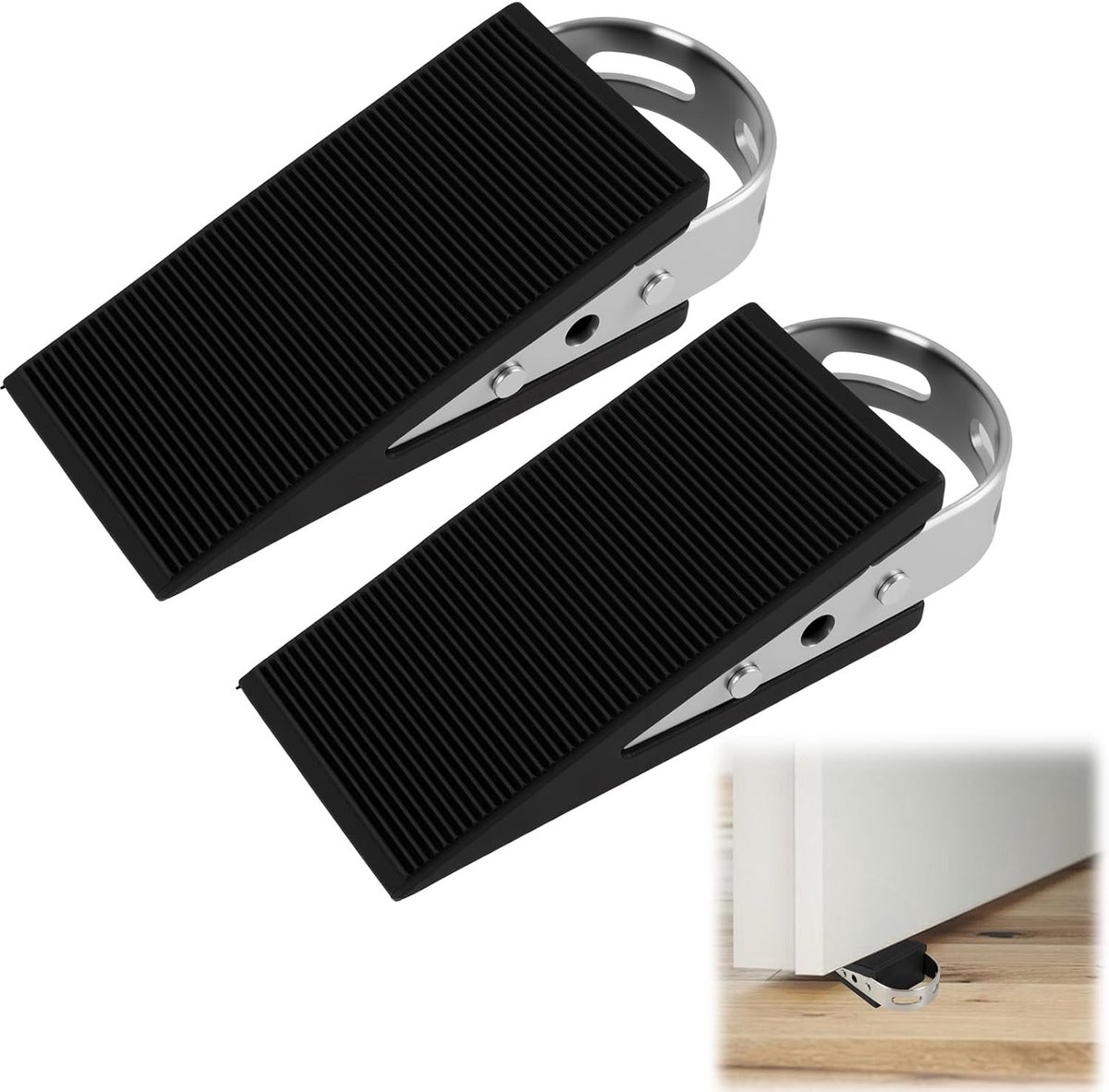 Set van 2 Deurwiggen - Zwart - 10 x 5 x 3 cm - Rubber met Antislip Design en Roestvrijstalen Handgreep - Voor Thuis en Kantoor