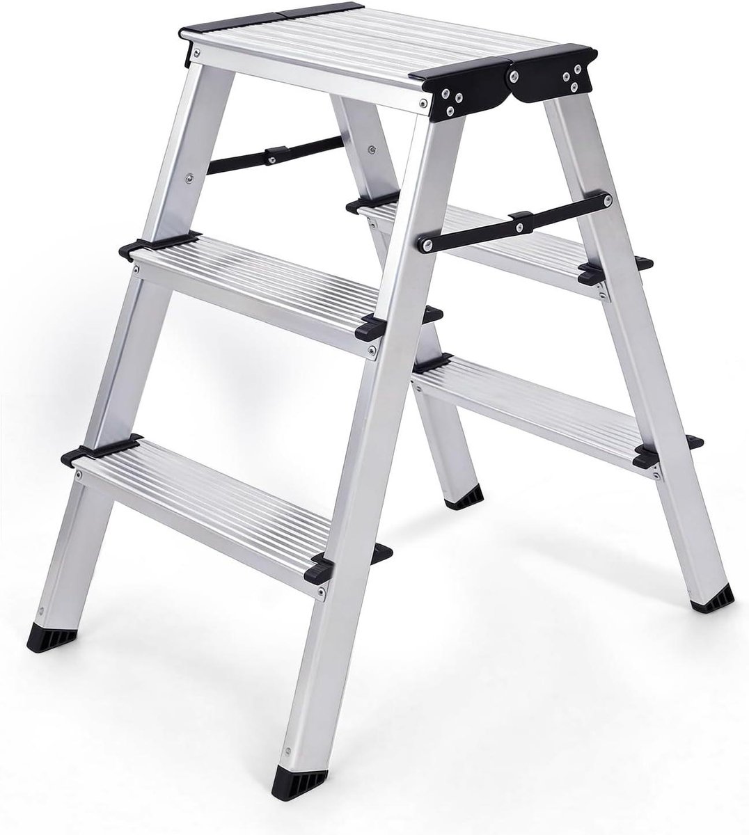 Huishoudladder 3 Treden - Aluminium Trap - Klusjes in Huis - Beidzijds Begegbaar - 150 kg Belastbaar - Zilver