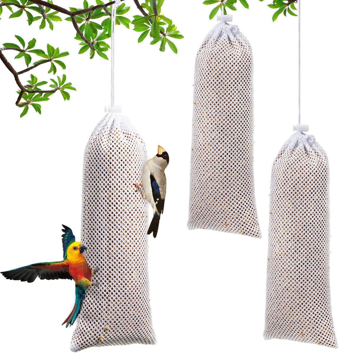 Vogelvoersokken – Vogelvoerzakjes – Voor Distelzaad & Nyjerzaad – Herbruikbaar Polyester Mesh – Voor Vinken, Putters, Sijsjes & Wilde Tuinvogels – Wit – 28 × 12 cm – 3 Stuks
