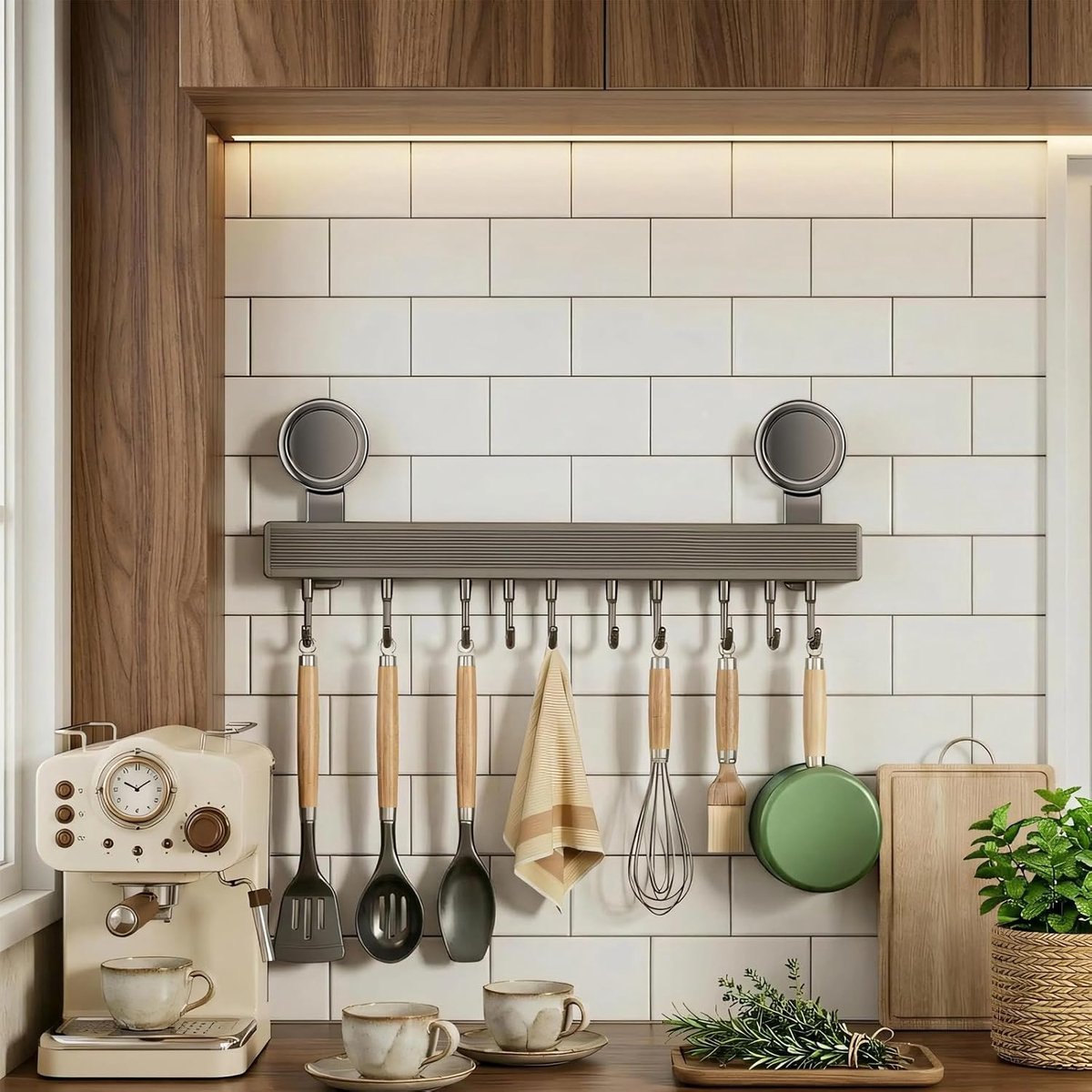 Haaklijst voor in de keuken, zonder boren, met zuignap, 12 haken, keukenstrip van 60 cm, afneembare roestvrije hakenlijst, 20 kg draagvermogen, gatvrije wandhouder voor keuken, badkamer
