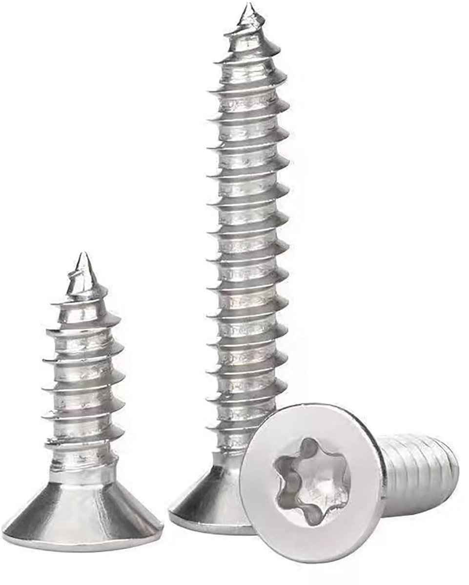 Houten schroeven, torx-verzonken kopschroeven, 304 roestvrij staal, zelfborende schroeven, volledige schroefdraad voor hout, plaatwerk, fotolijst, M2,6 x 6 mm (100 stuks)