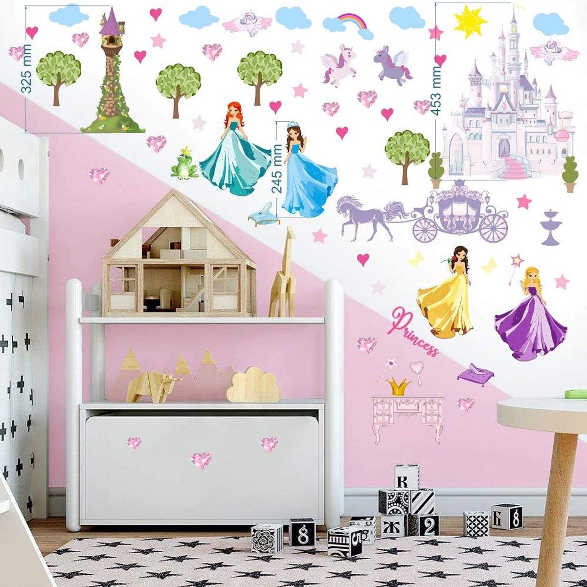 Muursticker, Muursticker Kinderkamer, Wandafbeeldingen voor Meisjeskamer, 2 Vellen Prinses Patroon 750 mm x 350 mm