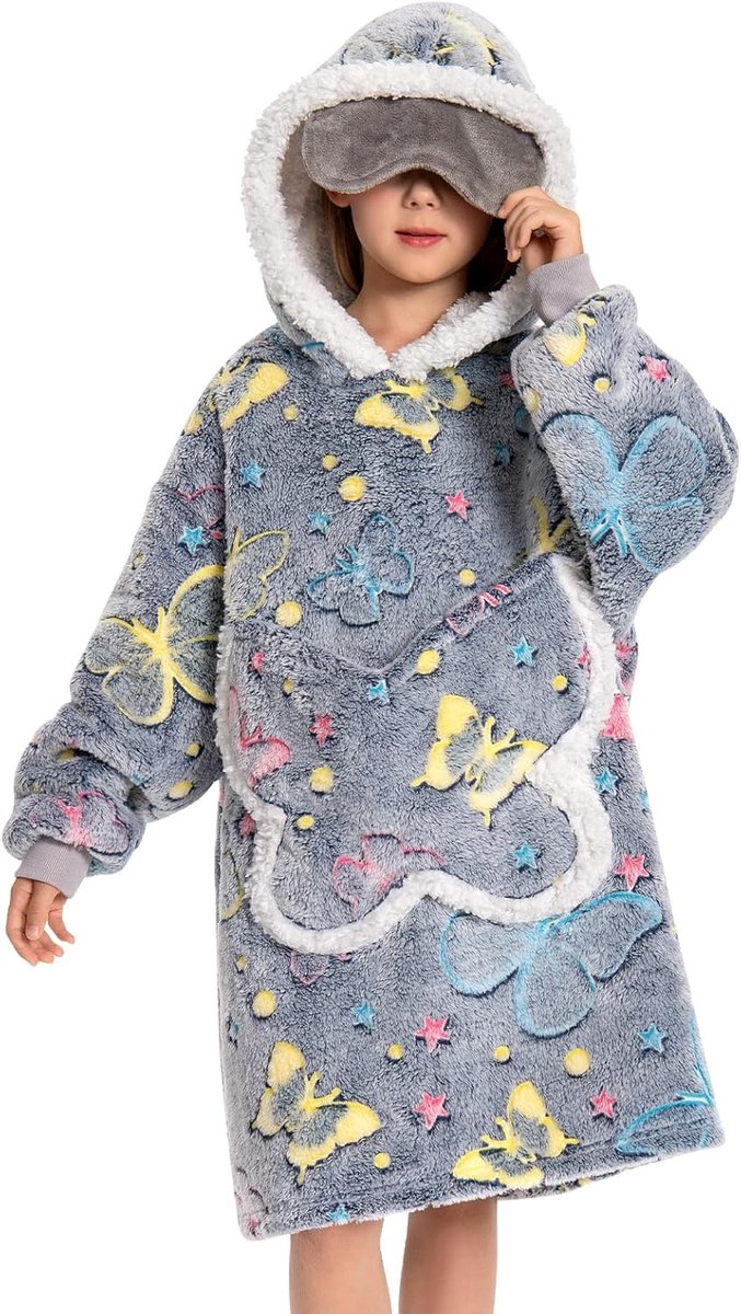 Vlinder Draagbare Dekenhoodie die in het Donker Oplicht, Oversized Dekenhoodie met Zakken. Leuke Verjaardagscadeaus en Kerstcadeaus voor Kinderen.