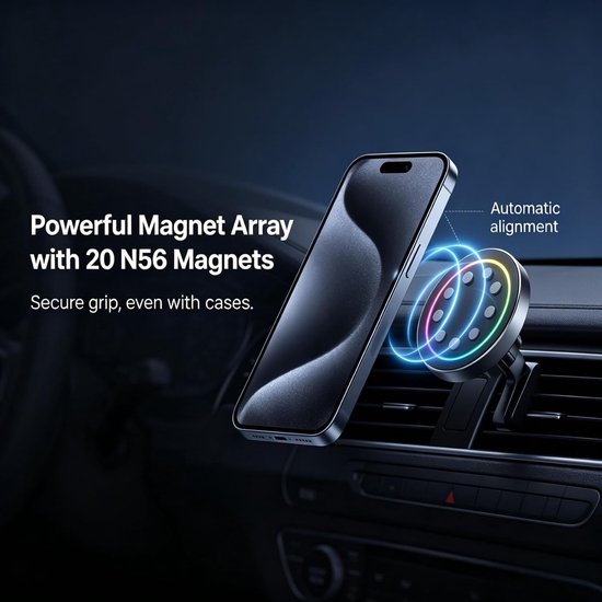 telefoonhouder voor in de auto met oplaadfunctie, 15 W draadloze Quick Charge-oplader, opvouwbare draadloze oplader, sterke N56-magneten, 360° draaibaar, voor ventilatie/dashboard — afbeelding 2