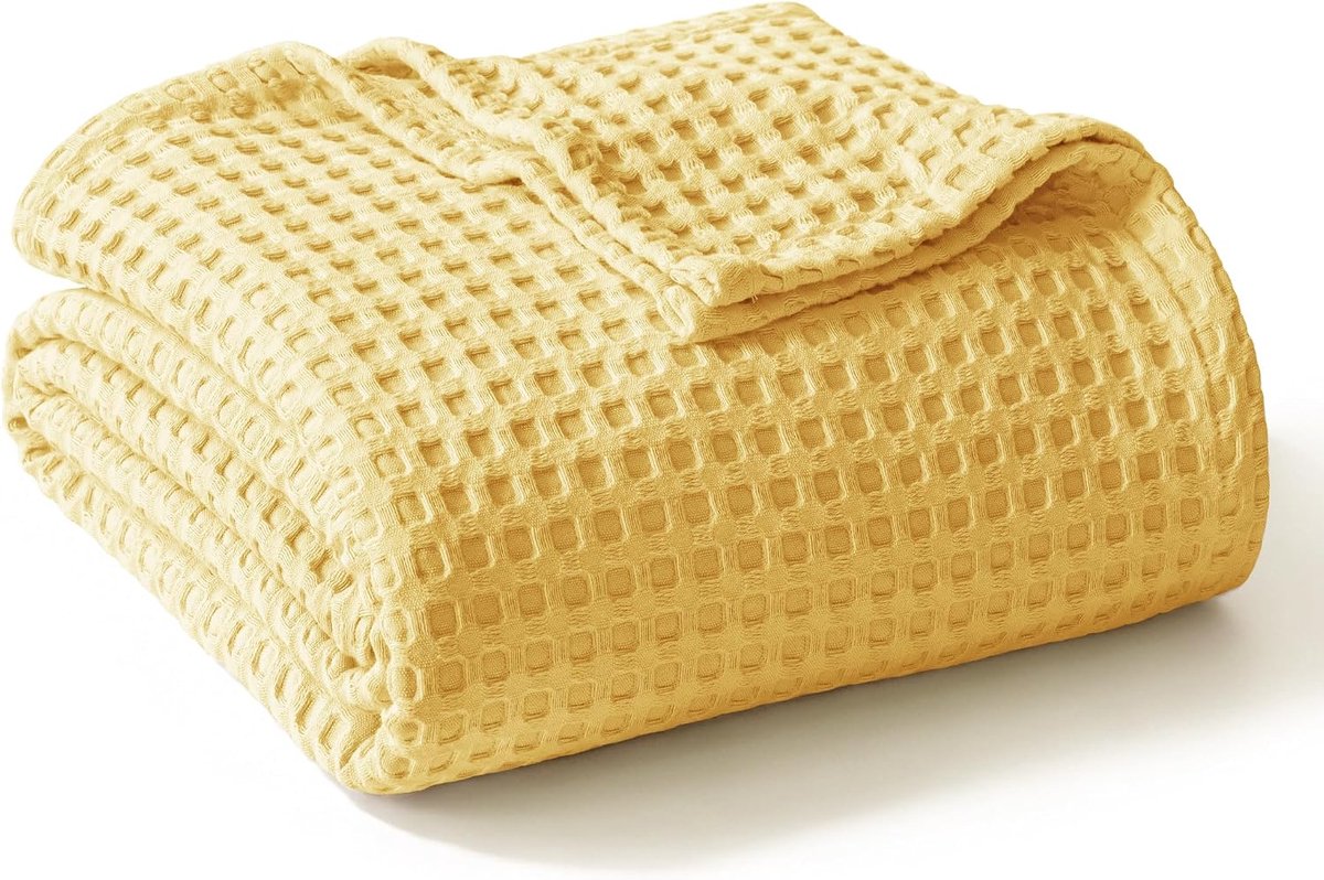 Mezcla 100% katoenen deken, dagelijkse deken als bedsprei, zachte lichte en ademende katoenen deken, wafeldeken, sofadeken voor de zomer, 130x150 cm, geel