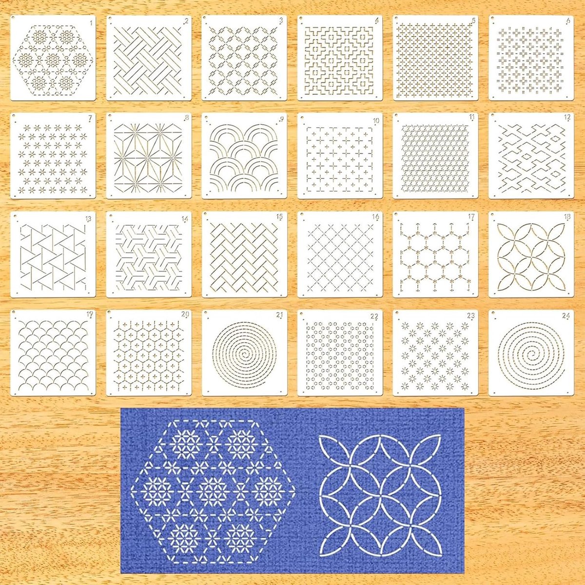 24-delige Sashiko Stencil Set, Handquilten, Scrapbooking Handwerk Decoratie, Embossing Stencils (4,72 x 4,72 inch)