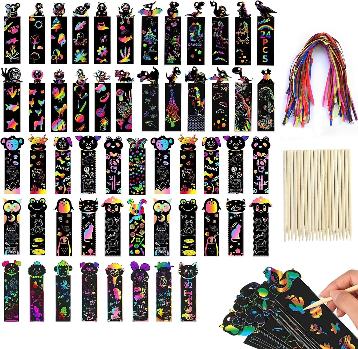 60 stuks krasafbeeldingen, bladwijzers, dierenregenboog-kras-bladwijzers, creatief kraspapier, met 60 linten en 20 bamboestokjes, voor knutselprojecten, schoolevenementen