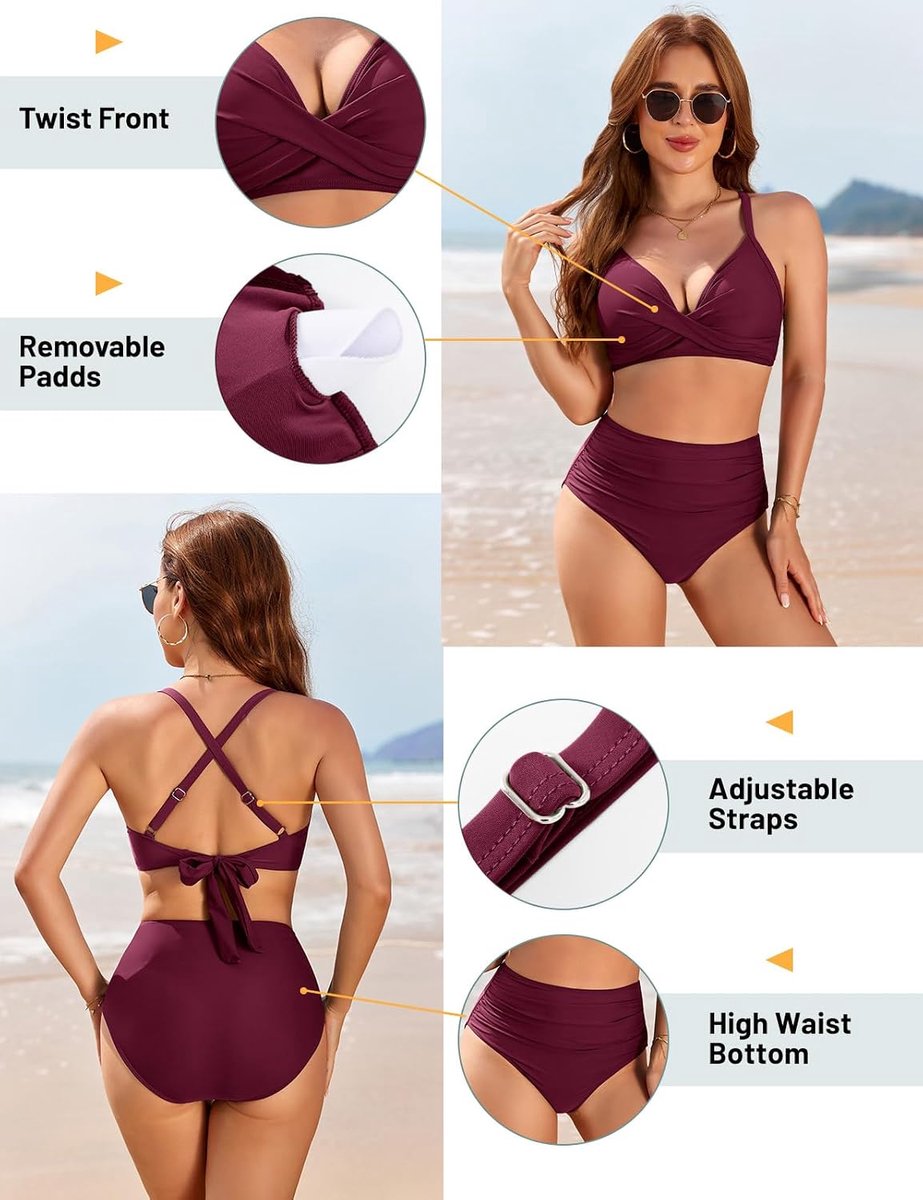 tweedelig badpak voor dames, hoge taille, bikini, zee, push-up-badpak, tweedelig, curvend, gevoerd, voor zwembaden