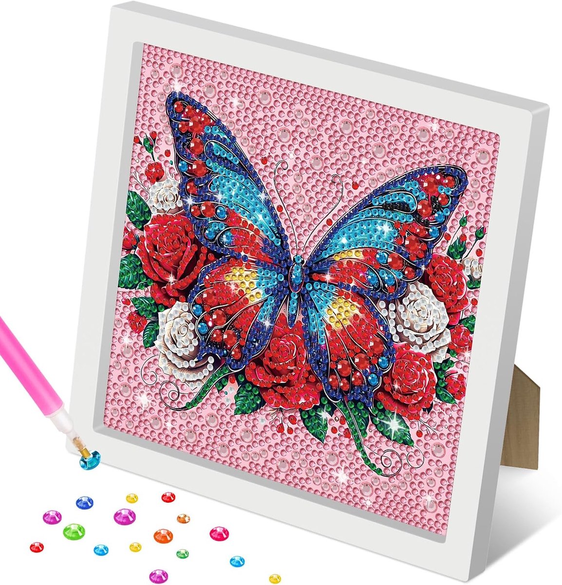 Butterfly Diamond Art Kits voor kinderen met frame, bloemen diamant schilderij voor kinderen van 6-8-12 jaar, edelstenen kunst voor kinderen, kunst en ambachten voor meisjes jongens cadeau