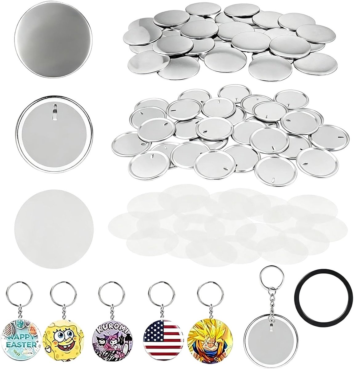 60 stuks knoopmachine sleutelhangers benodigdheden, 58 mm pin making kit | Voor button maker machine, bevat metalen schalen, metalen achterafdekkingen, transparante folies en sleutelhangerset