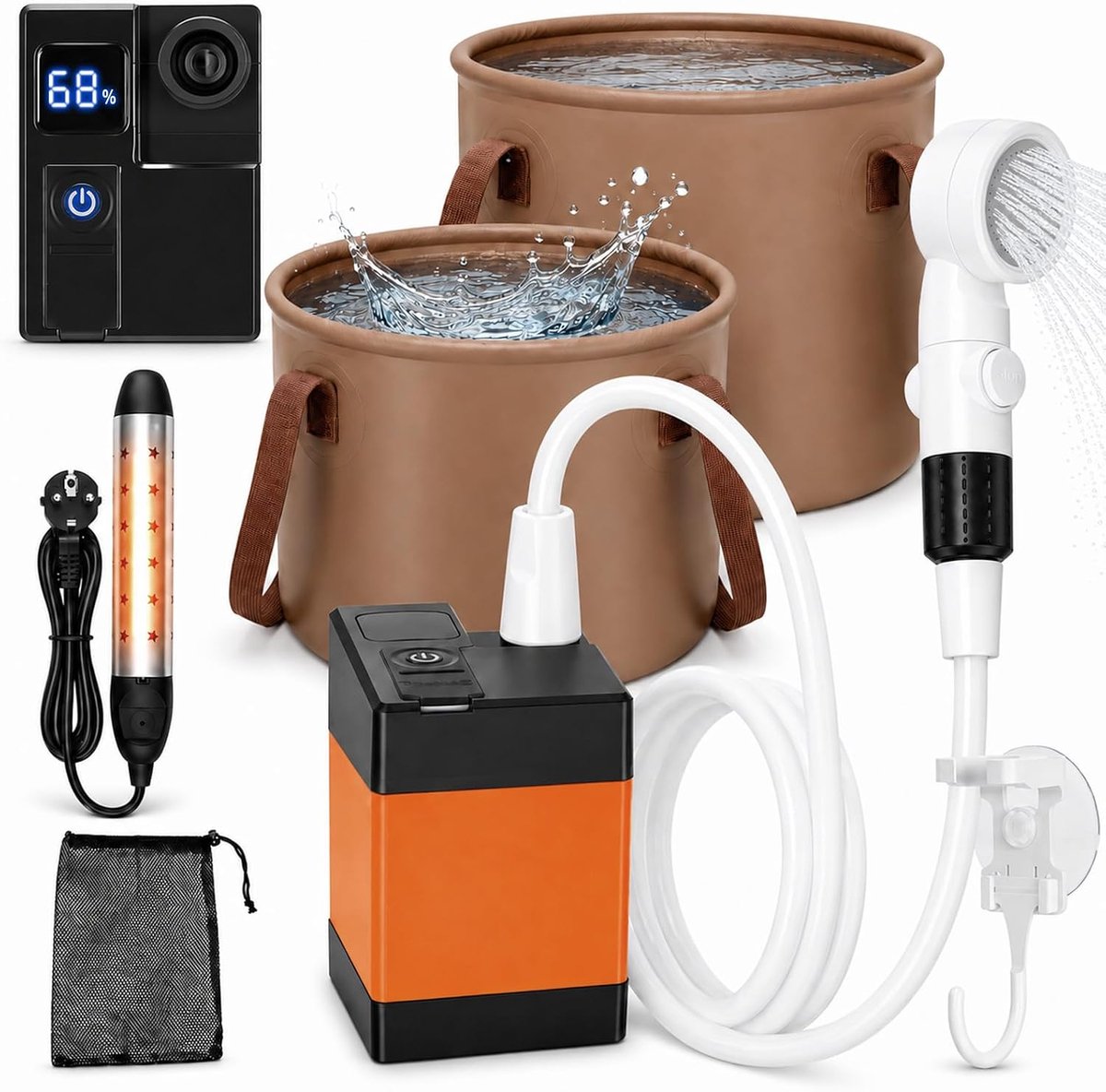 campingdouche met verwarming, 20 liter emmer en dompelboiler, oplaadbare campingdouchepomp met 5200 mAh, 3 modi, douchekop met waterstop, IPX7 outdoor handdouche voor reizen, hond, auto
