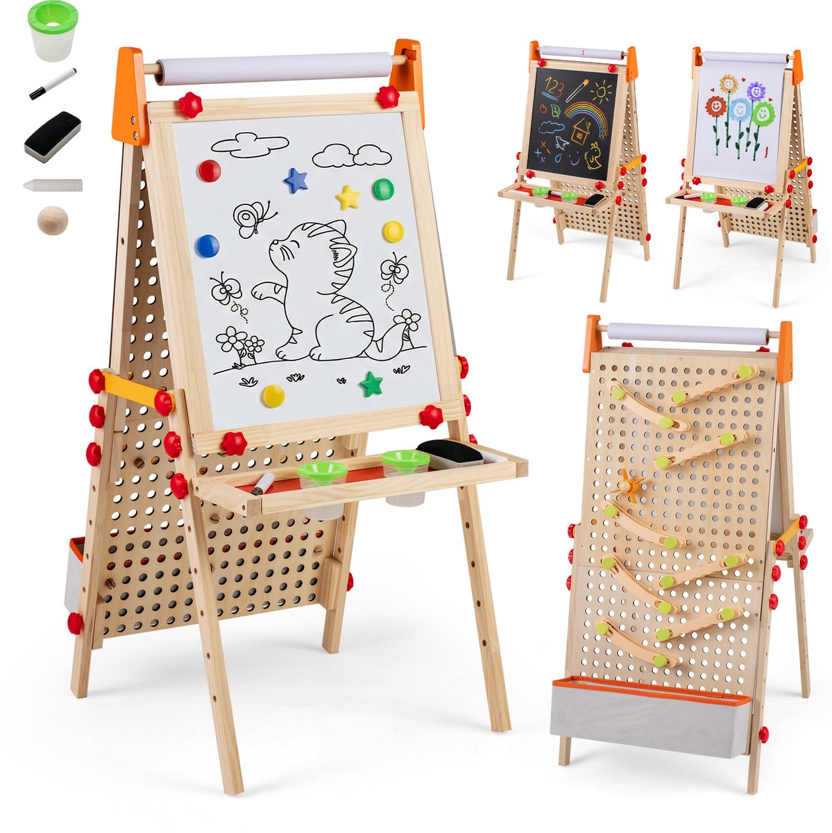 COSTWAY Plaat voor kinderen, houten speelbord, dubbelzijdig met magnetisch whiteboard, papierrol, opbergvak en kbaan, inklapbaar en in hoogte verstelbaar schoolbord met accessoires voor kinderen