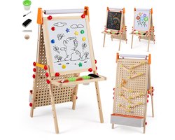 COSTWAY Plaat voor kinderen, houten speelbord, dubbelzijdig met magnetisch whiteboard, papierrol, opbergvak en kbaan, inklapbaar en in hoogte verstelbaar schoolbord met accessoires voor kinderen