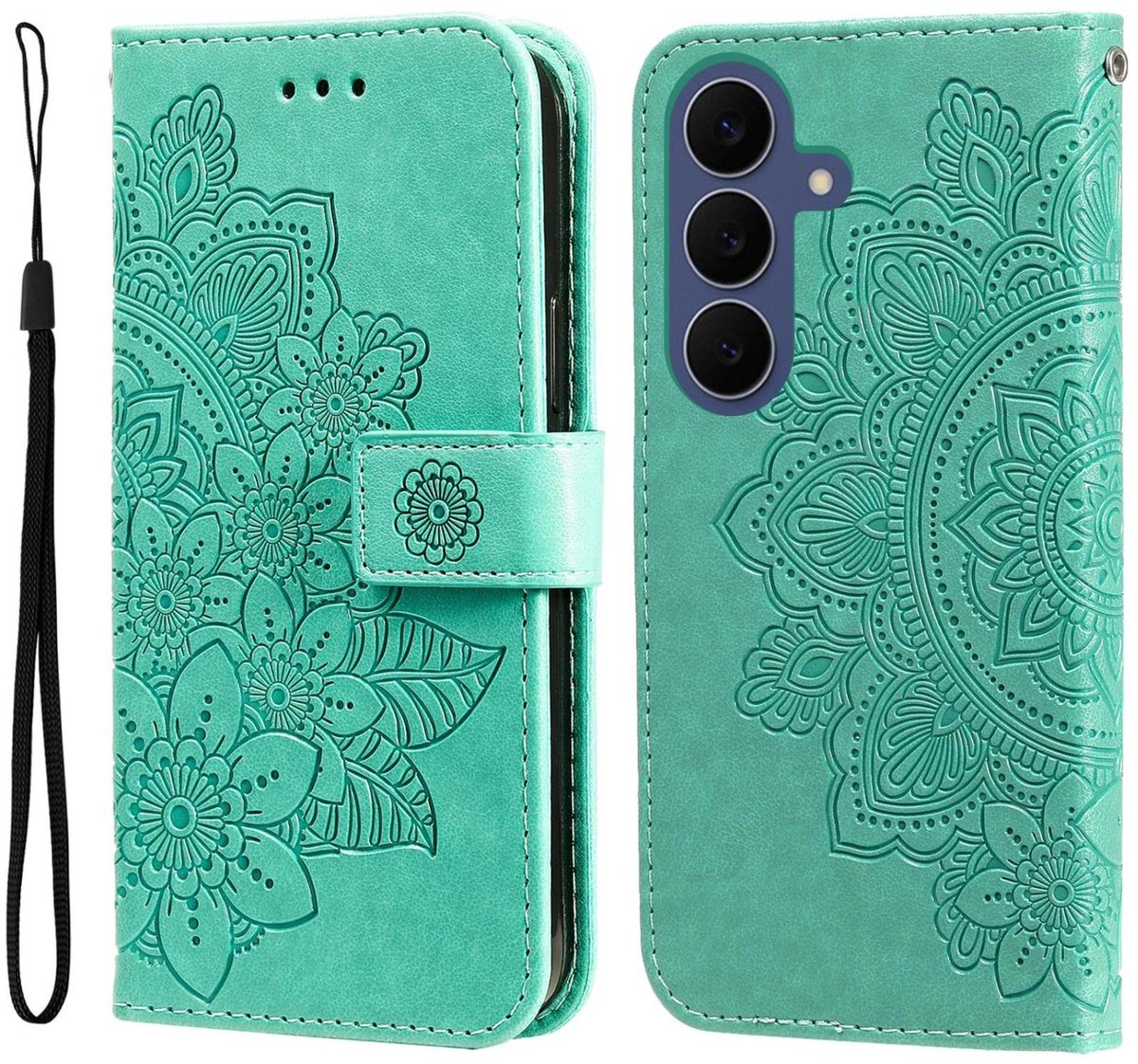 Mobigear Telefoonhoesje geschikt voor Samsung Galaxy S26 FE Hoesje | Mobigear Flowers Bookcase Portemonnee | Pasjeshouder voor 3 Pasjes | Telefoonhoesje voor Pinpas / OV Kaart / Rijbewijs - Groen