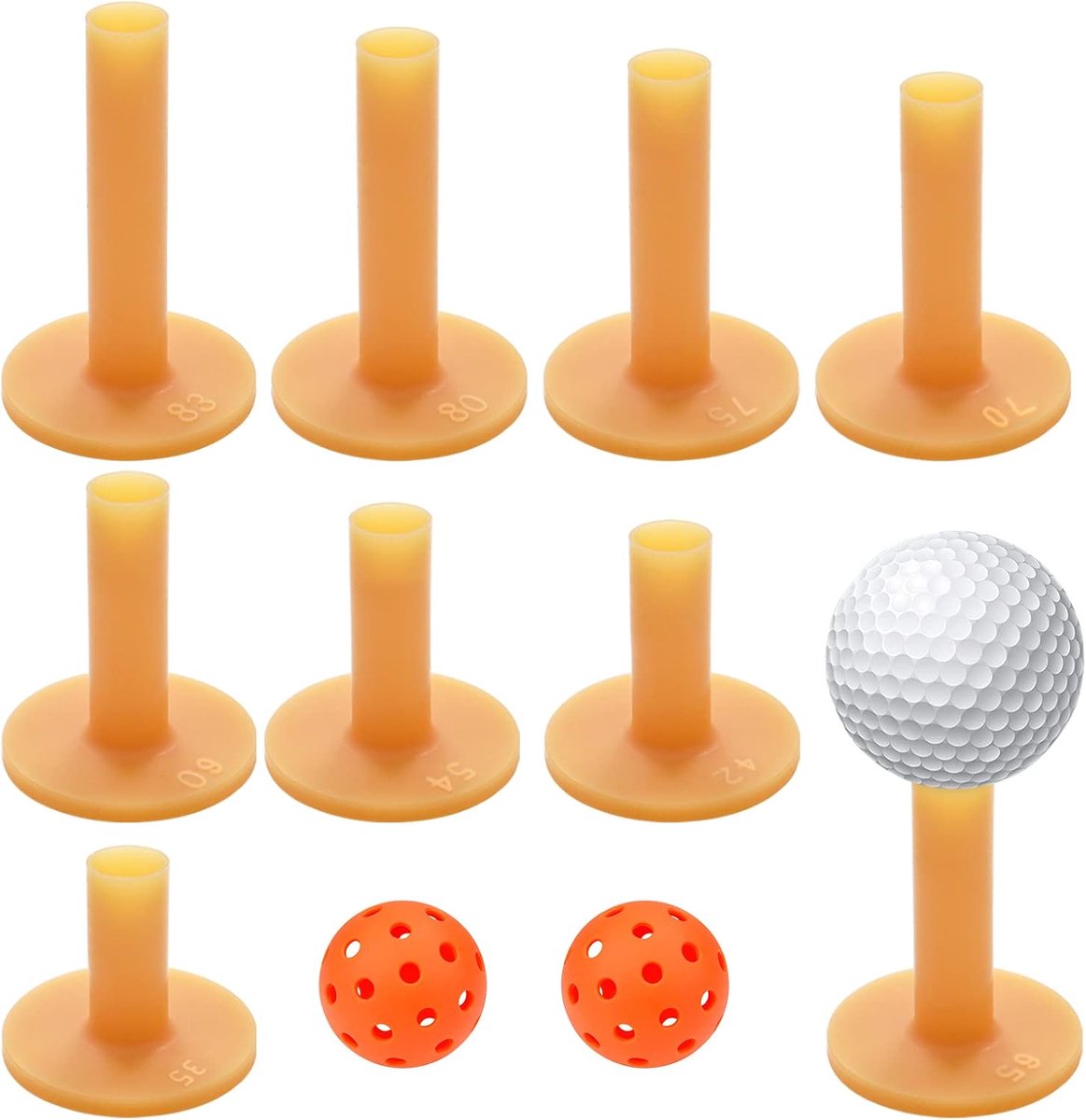 9 stuks rubberen golftoeages, 9 verschillende maten, 35 mm/42 mm/54 mm/60 mm/65 mm/70 mm/75 mm/80 mm/83 mm, met 2 willekeurige kleuren (gele thee)