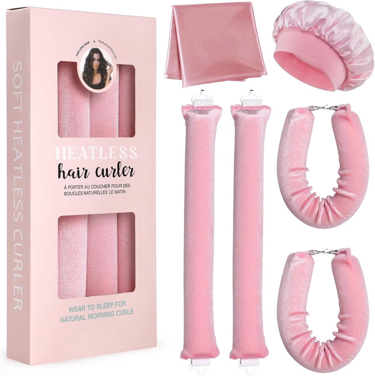 Heatless Curls Haarband, 6 stuks, met satijnen haardoek en douchekap, krulspelden voor alle haartypes
