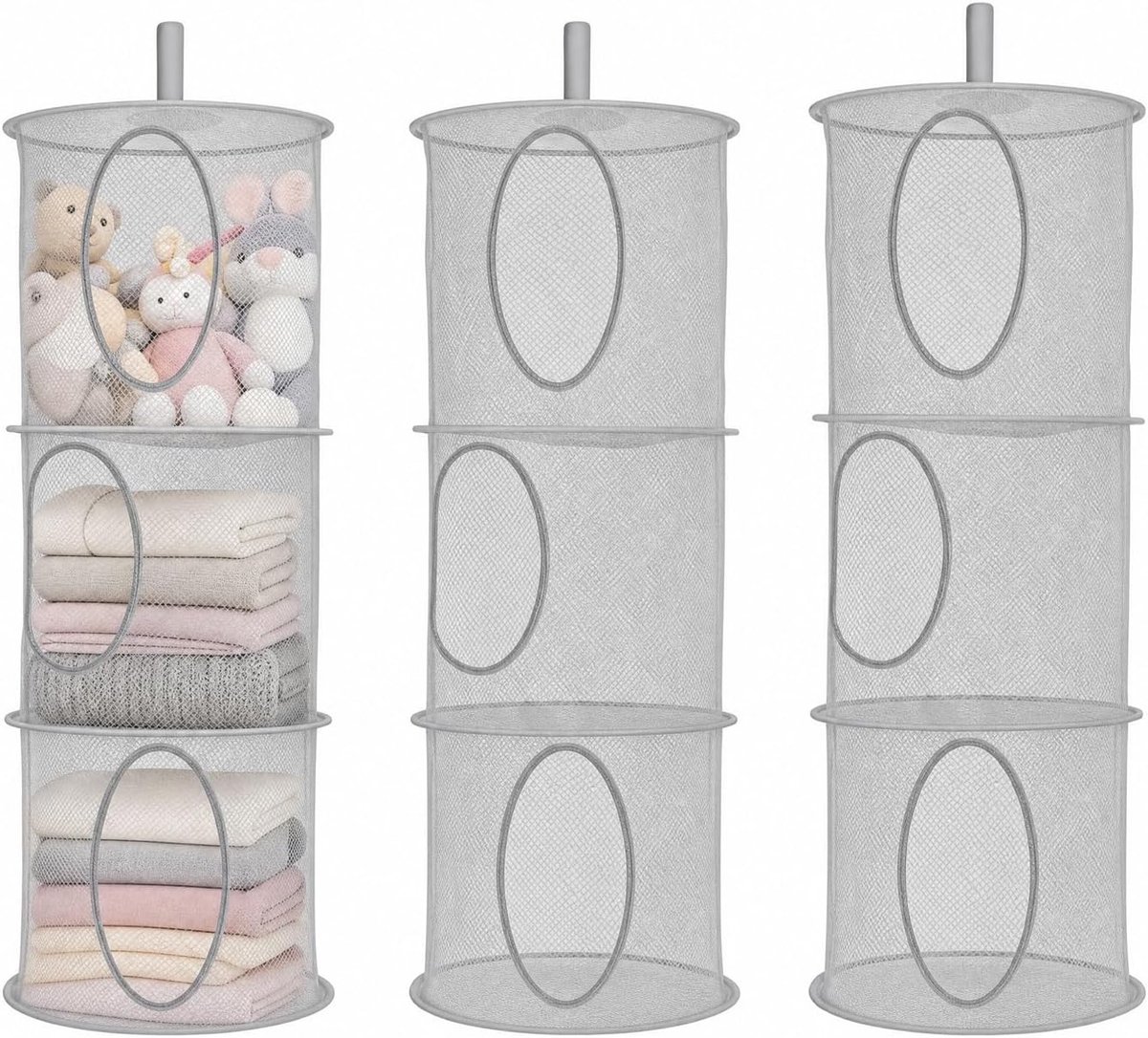 Hangende opbergdoos, 3 stuks, opvouwbaar, grijs | Hangrek met 3 vakken, mesh-opbergtas, hangende opbergmand voor kinderen, voor kinderkamer, balkon